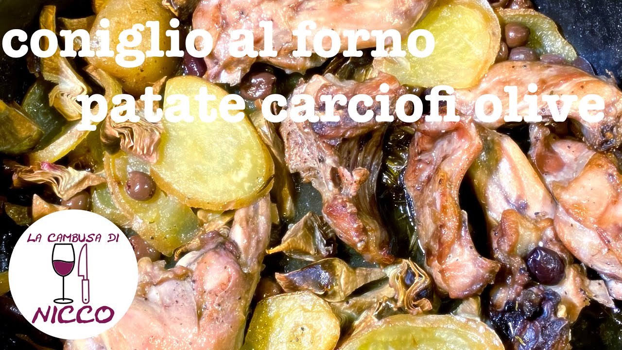 Coniglio al forno con patate, carciofi e olive