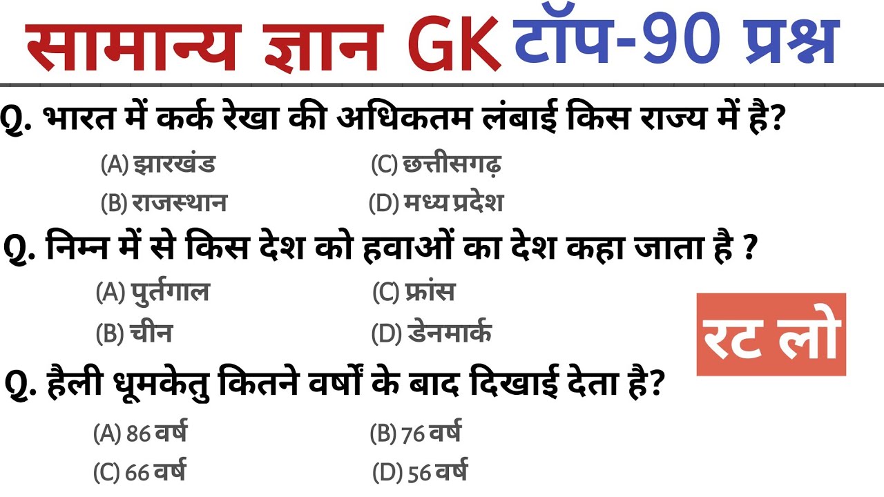 सामान्य ज्ञान | General Knowledge | Top 90 GK/GS Questions | GK Quiz in Hindi&nbsp;| gk quiz