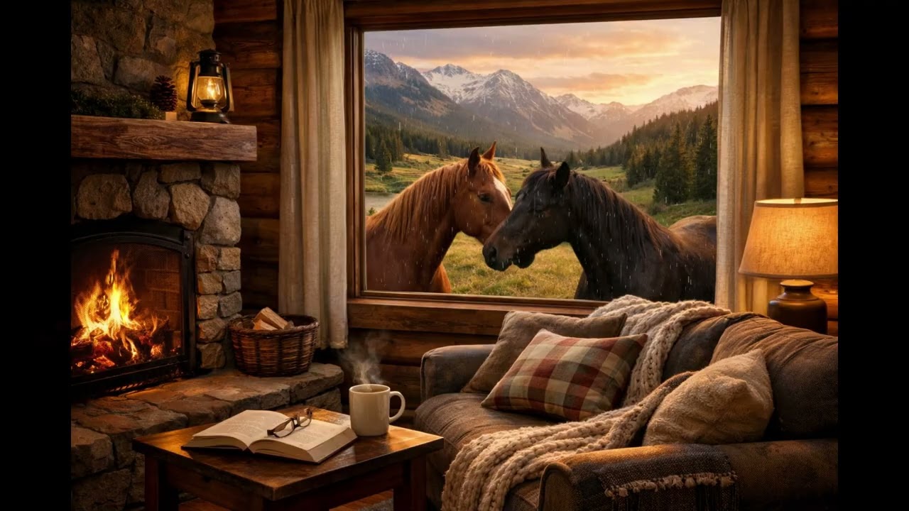 Cozy Country Rain Ambience 🔥 Cabin with Fireplace & Horses in Mountain Valley for Restful Retreat
