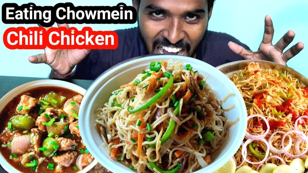eating chowmein & chilli chicken | street food eating show, noodles eating challenge | Mukbang Asmr