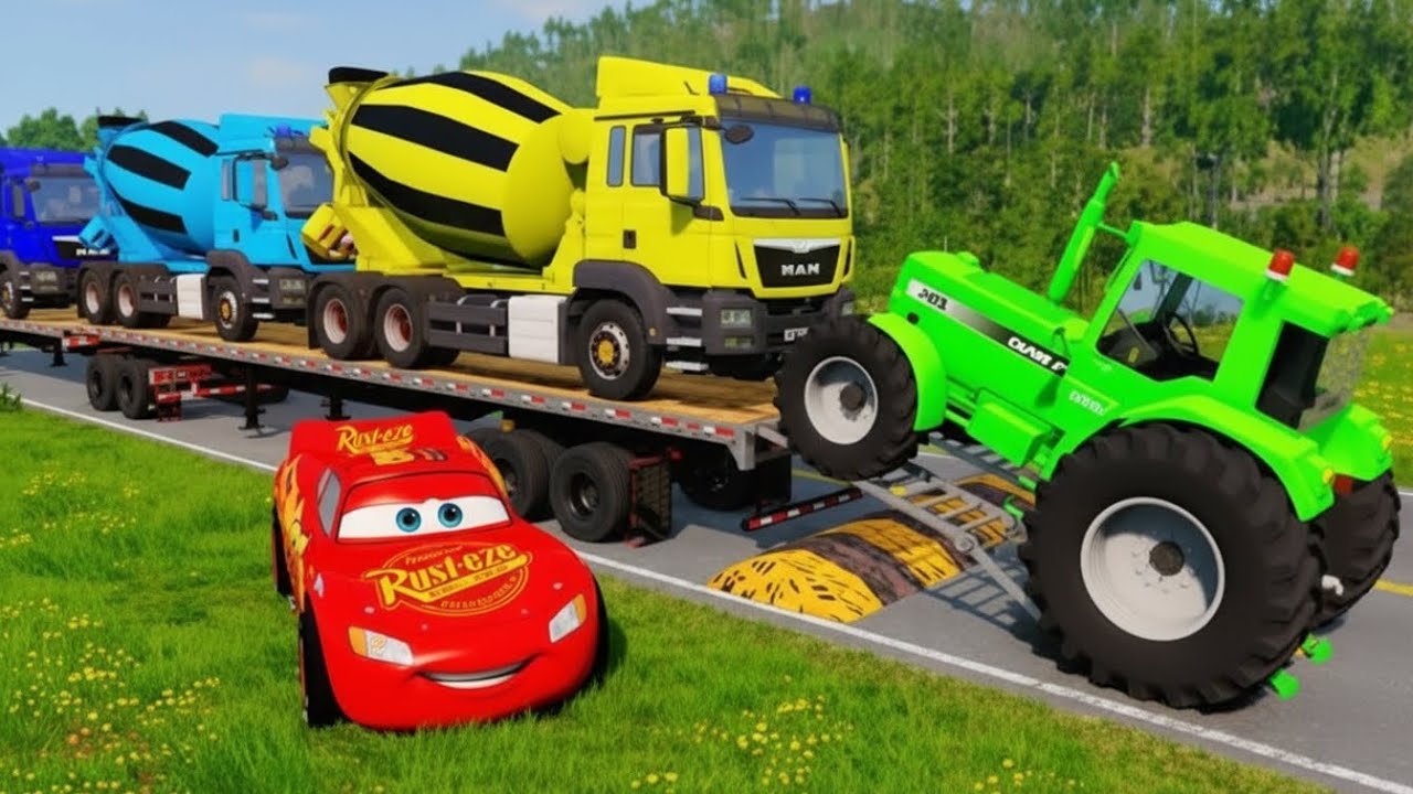 TRANSPORTING PIXAR CARS & FRUITS WITH COLORED & JOHN DEERE vs CLAAS vs TRACTORS - BeamNG.drive #983