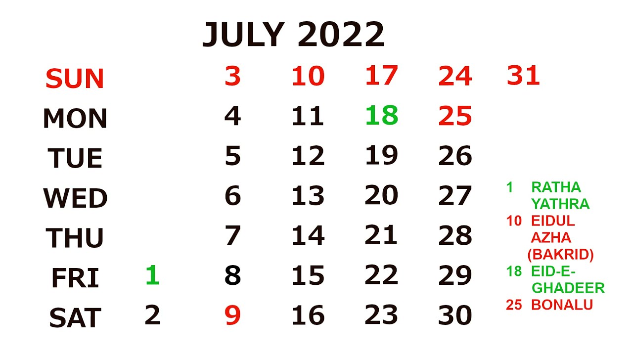 Calendar July 2022
