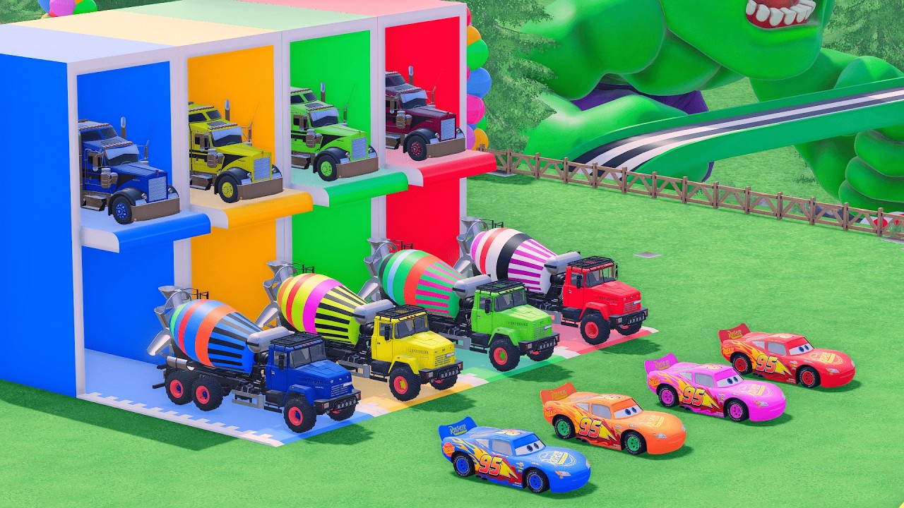 Garage with Colors - ALL MIXER TRUCK WITH DOUBLE FLATBED TRAILER TRUCK, LIZARD, EXP22, FS22