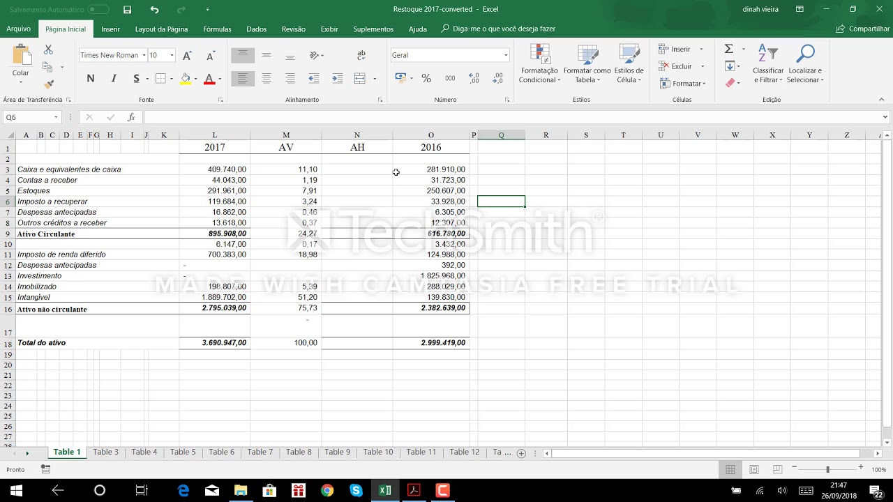 Como fazer análise vertical e horizontal  no Balanço Patrimonial (ativo)