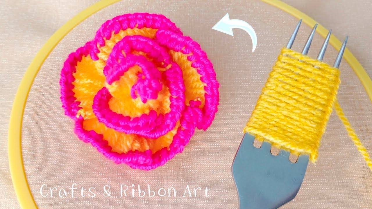 Amazing Woolen Rose Making Ideas with Fork - Hand Emroidery Flower Design - DIY Woolen Flowers