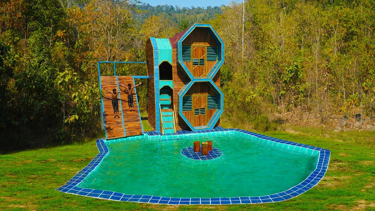 [Full] Building a Luxurious 2-Story Bamboo Resort House And Simple Palm Tree Slide Build