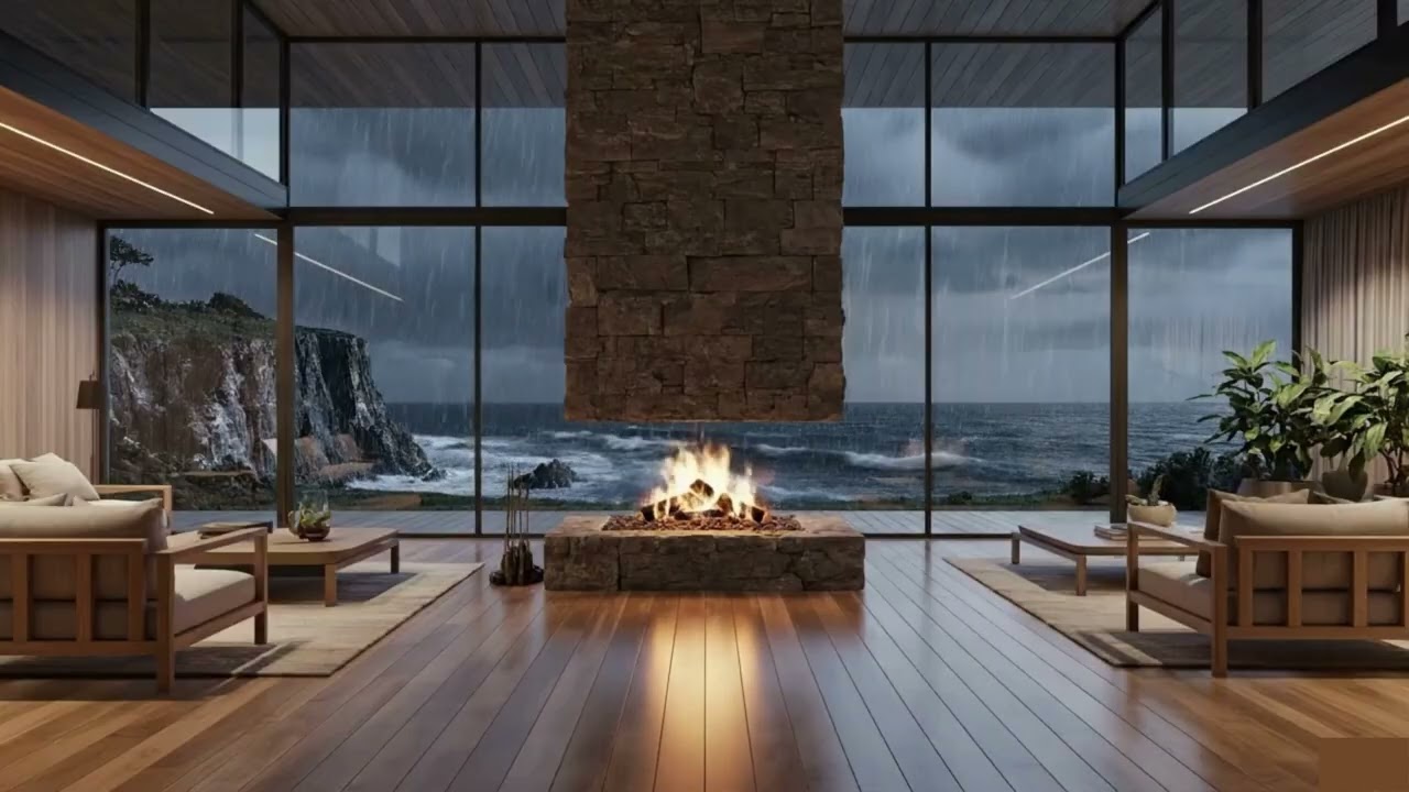 🌧️🔥 Rain and Fireplace Sounds for Sleeping – Cliffside Ocean Storm Glass House 🌊