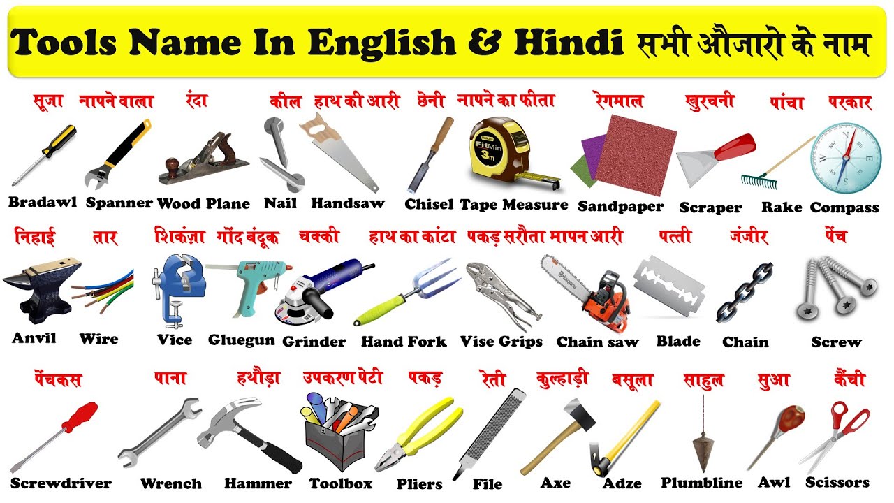 Tools Name in English and Hindi With Pictures nad Pdf |  सभी औजारो के नाम हिन्दी और अंग्रेजी में |