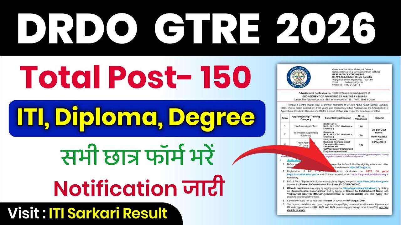 DRDO GTRE Recruitment 2026 ✅ Total Post- 150 Seats ✅ DRDO GTRE Apprentice 