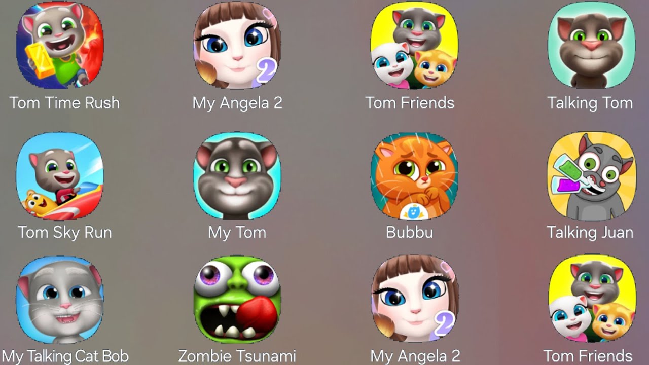 Tom Friends, Talking Tom, Tom Sky Run, My Tom, Talking Juan, Zombie Tsunami, Tom Time Rush, Angela 2