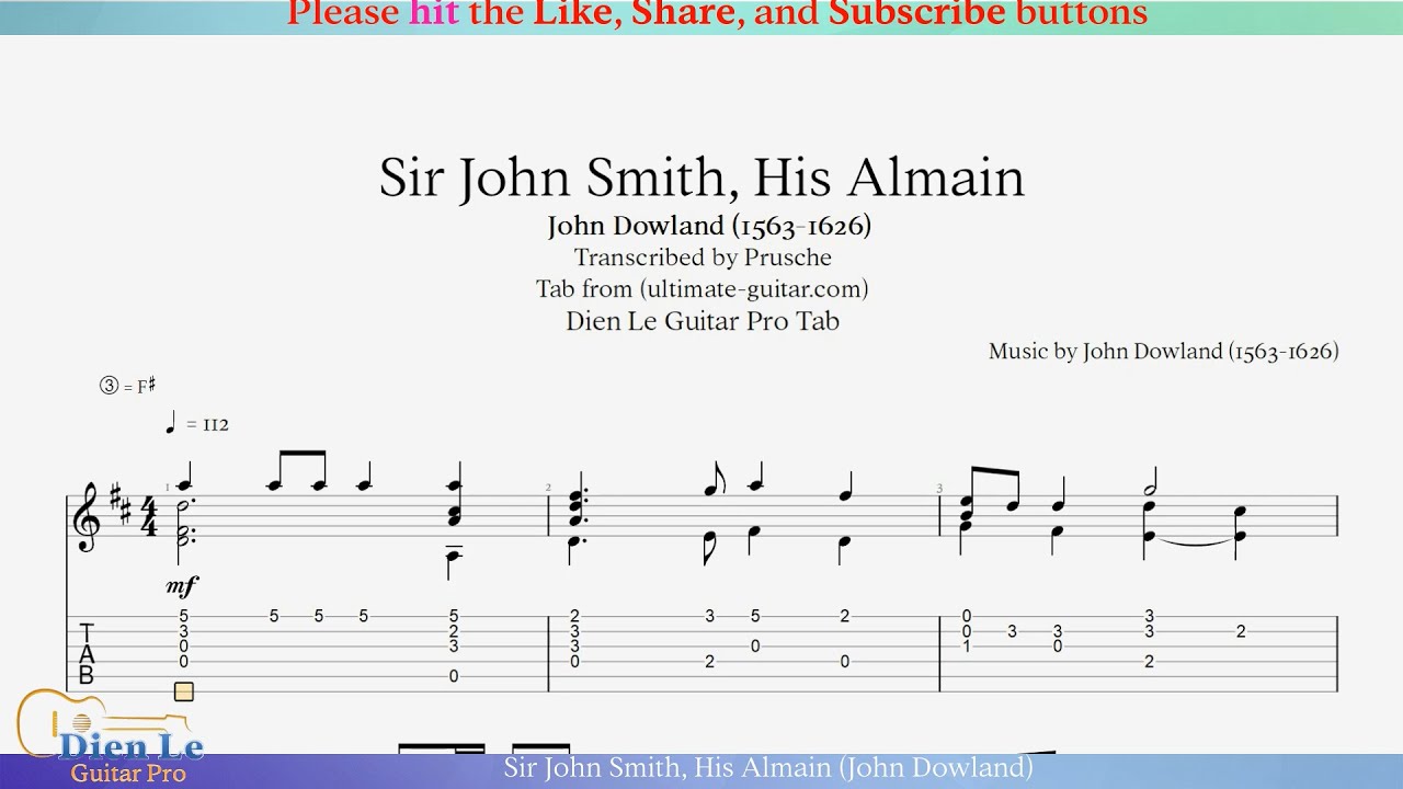 Sir John Smith, His Almain (John Dowland) Guitar Arrangement with Tab