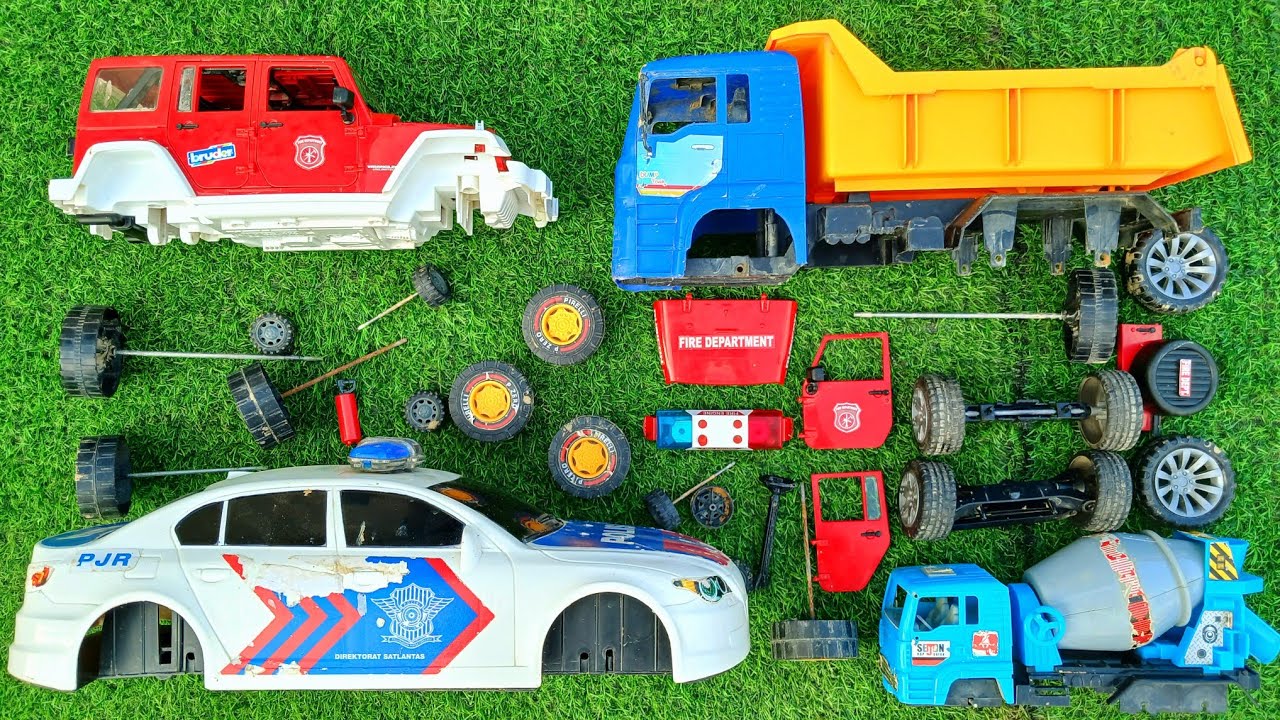 Mencari & Merakit Mainan Rusak | Mobil Polisi, Dump Truck, Mobil Pemadam Kebakaran, Truk Molen