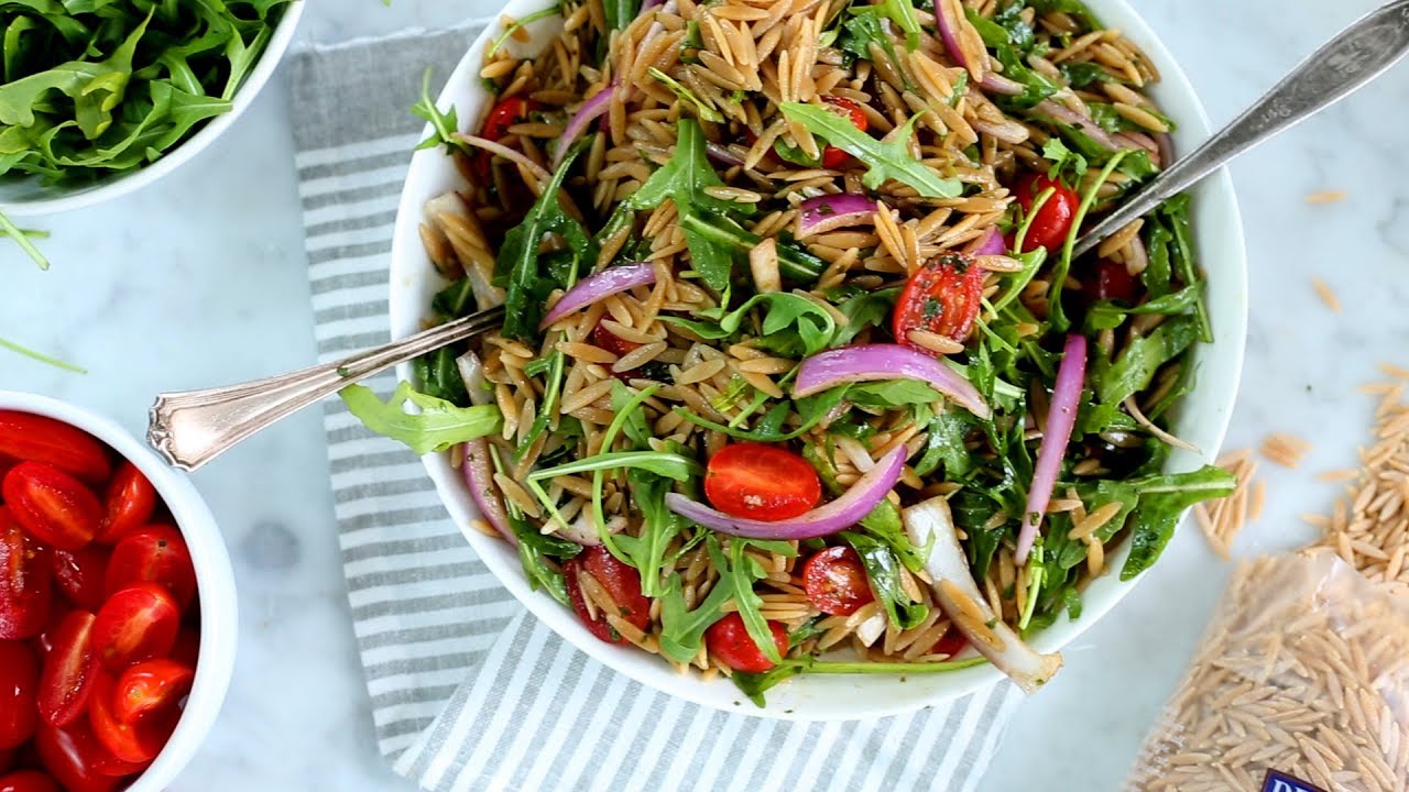 Orzo & Arugula Salad with Pesto Balsamic Vinaigrette