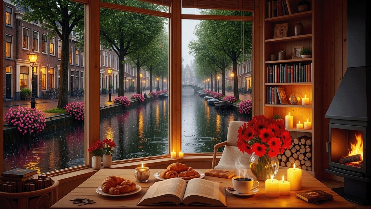 Rainy Day Cafe Atmosphere with Gentle Piano and Fireplace Sounds