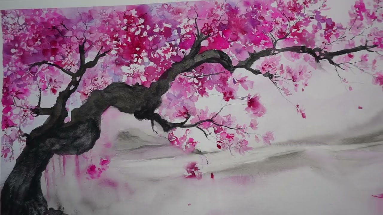 Cherry Blossoms, Sakura Watercolor Painting