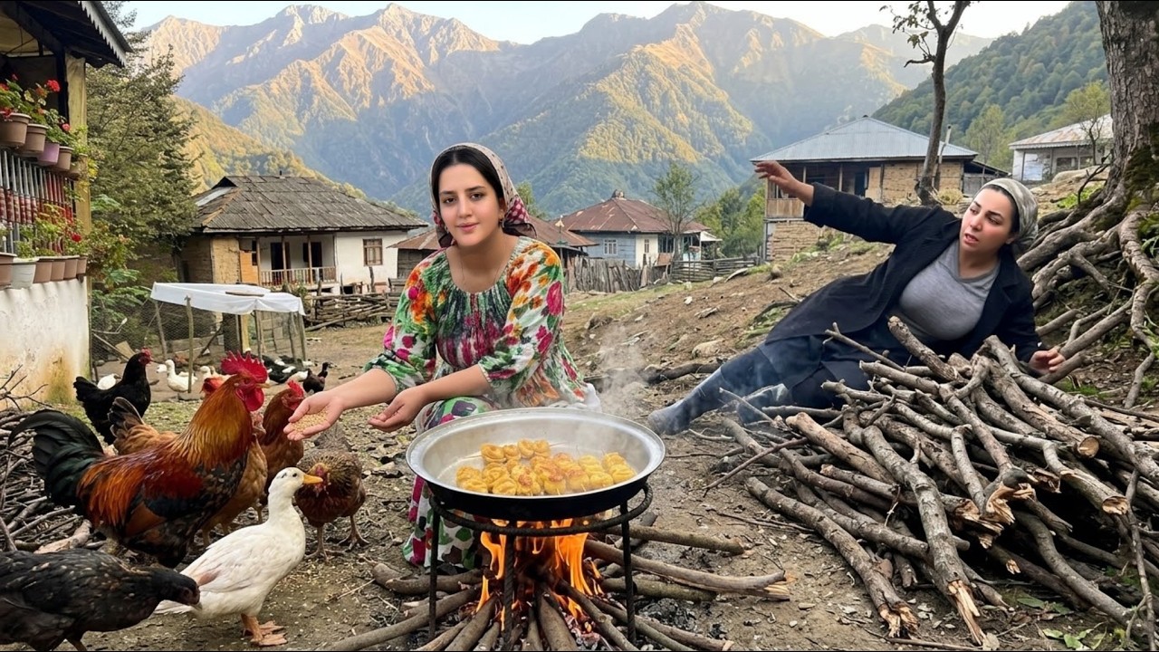 Daily Rural Life; cooking saffron chicken with rice and noodles
