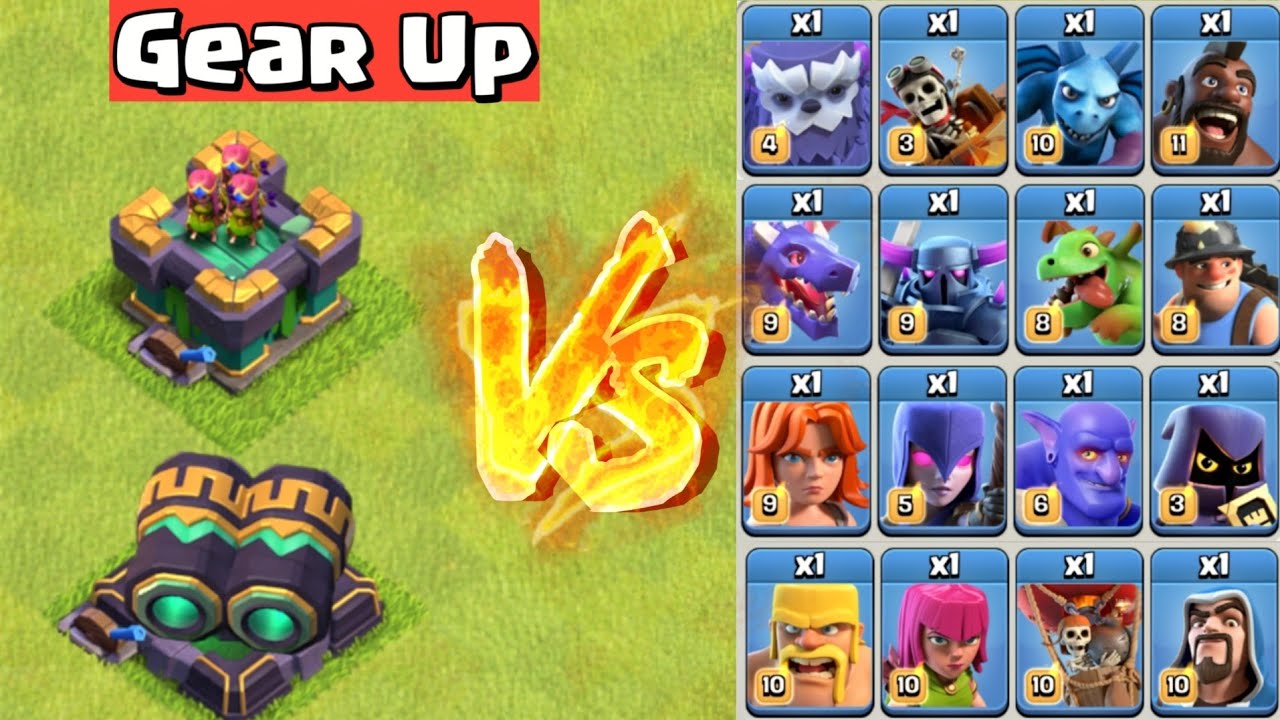 Gear Up Cannon + Archer Tower vs All Troops - Clash of Clans