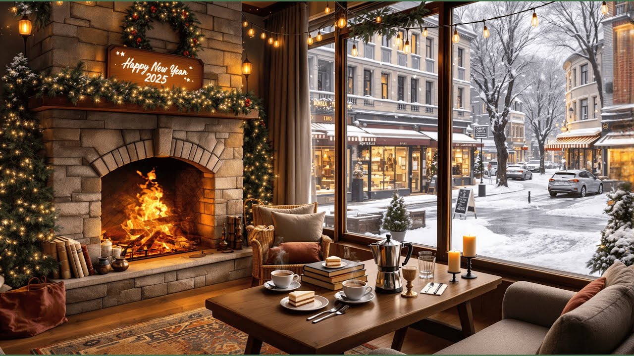 New Year's Ambience 🥳🎊 Cozy Winter Coffee Shop with Relaxing Jazz Music & Fireplace for Study, Relax