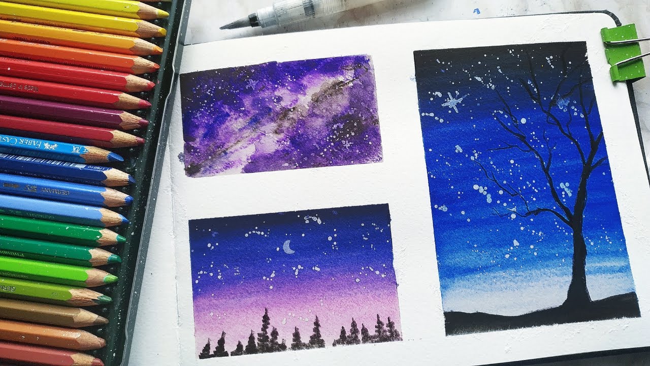 Galaxy painting with watercolor pencils