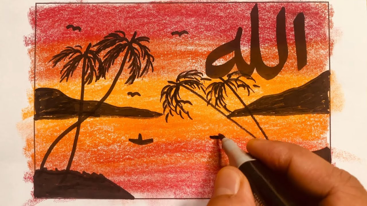 Menggambar dan mewarnai pegunungan dan pepohonan di waktu senja