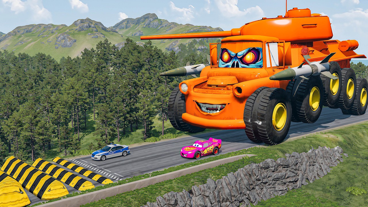 Giant TANK TRUCK McQueen Truck VS Cars Lightning McQueen & Police Car Downhill Race - Beamng.Drive