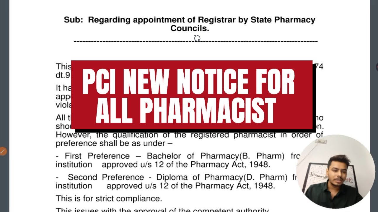 PCI New Notice for all Pharmacist | Only Pharmacist Can Become Registrar State Pharmacy Council