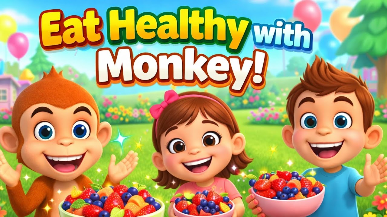 Monkey’s Fruit Party 🍎 | Fun Kids Song About Healthy Eating | 3D Cartoon for Kids | Hustle Untold 