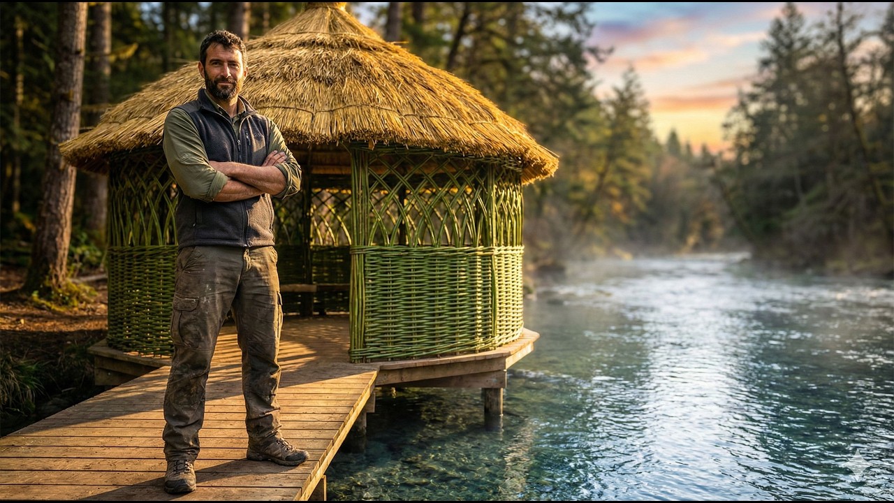 I Made a Woven Willow Shelter Over a River - Full Bushcraft Build
