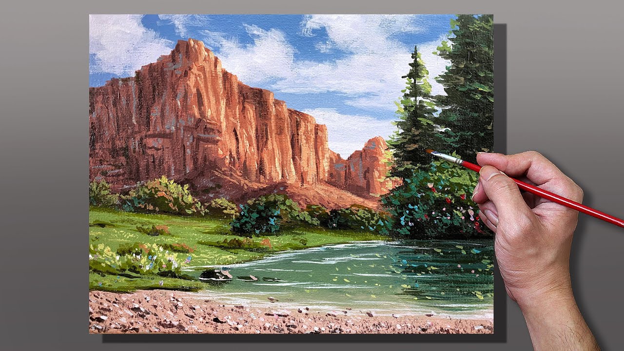 Acrylic Painting Pond by the Mountain