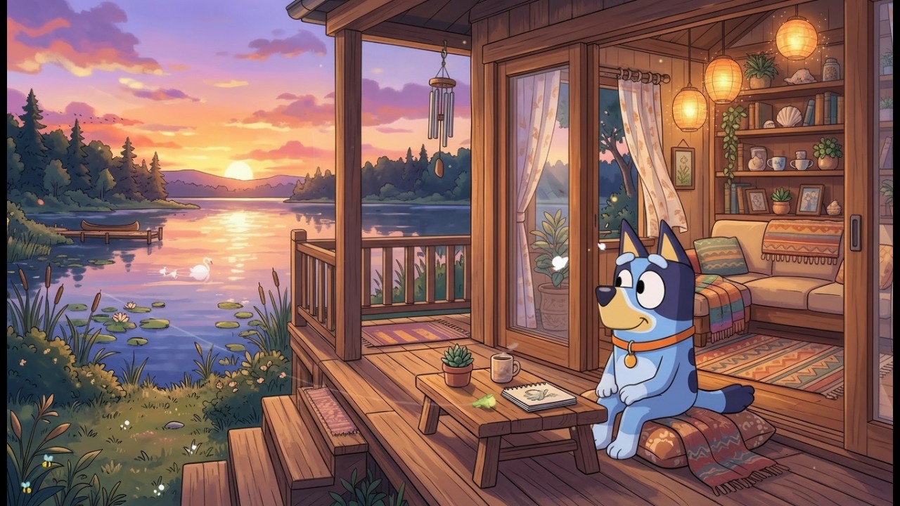 Bluey Relaxing at the Lakeside Cabin 🌅 Cozy Lofi Beats for Studying & Sleeping 🌿 Sunset Vibes