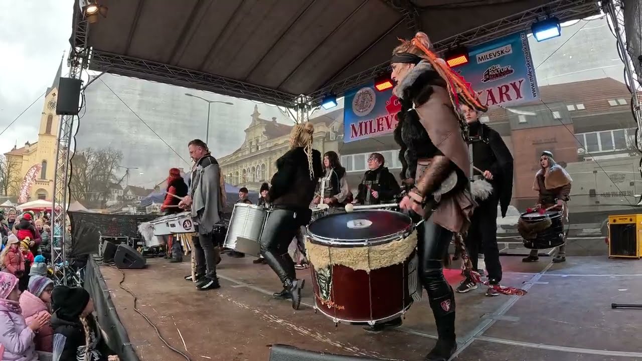 Milevské maškary 2025. Bubenická show ŠamanaMaya drum orchestra. Shrovetide, Czech republic.