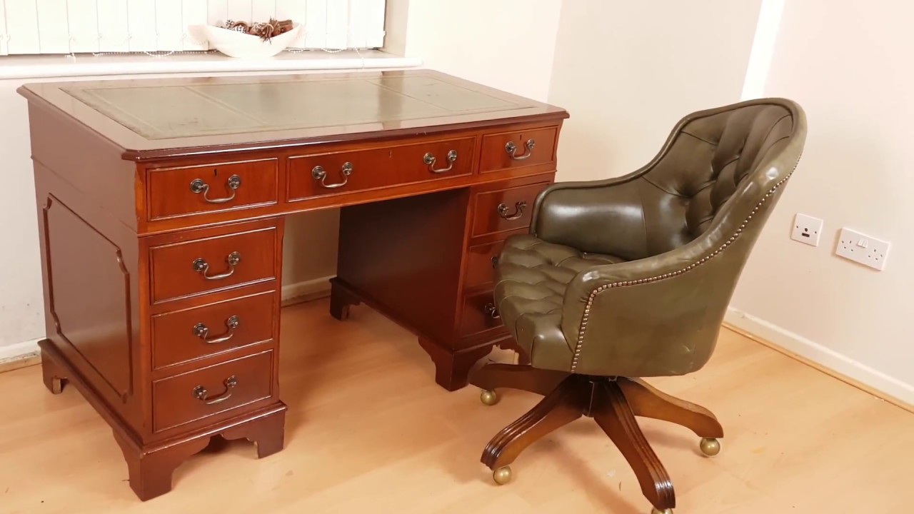 Antique Style Mahogany Pedestal Writing Desk & Green Leather Directors Chair