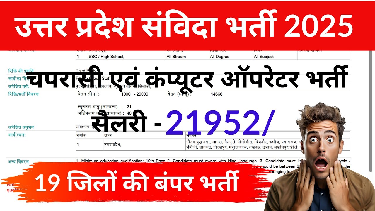 Uttar Pradesh Peon Contract Recruitment 2025 | Computer Operator Bharti | up samvida bharti
