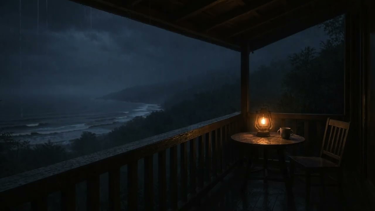 Rainy Ocean View from a Cozy Cabin Balcony | Calm Night Rain for Deep Sleep