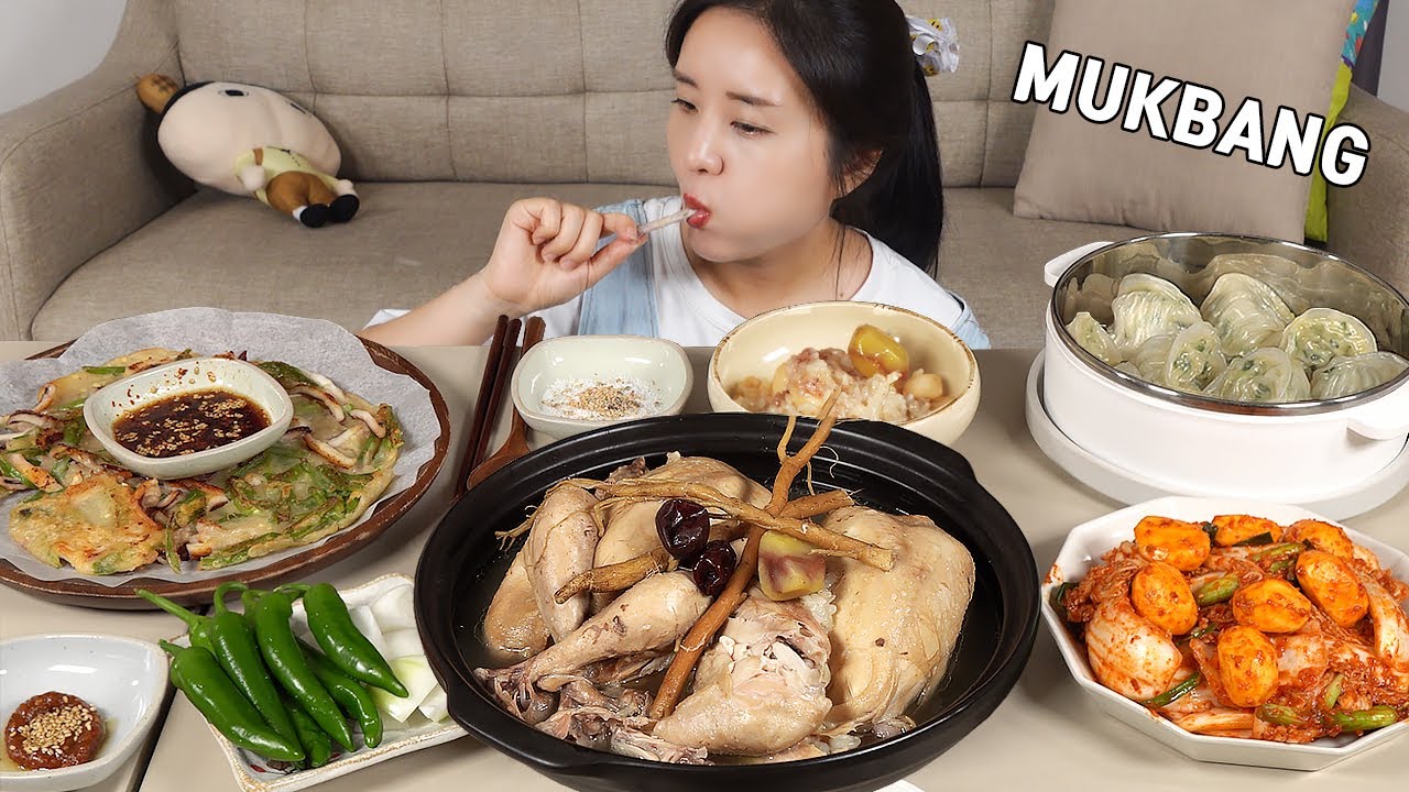 Готовка Mukbang :) Самгьетан, острые оладьи с чили и кальмарами, свежее кимчи.