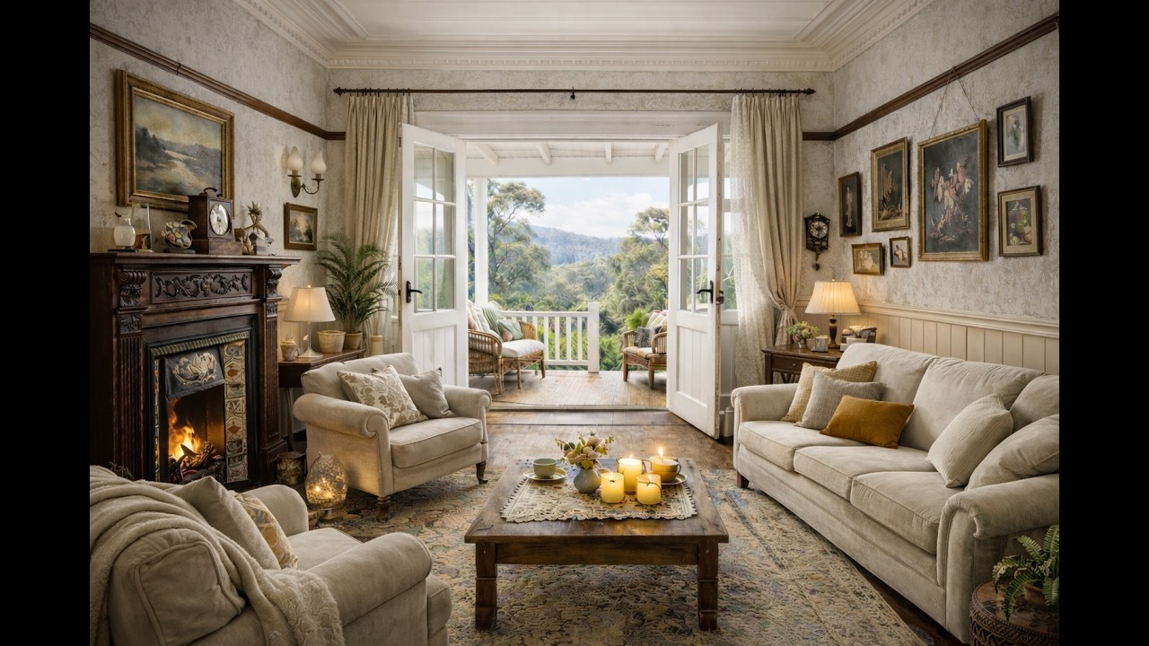 Cosy Ambient Australian Living Room with Jazz and Fireplace