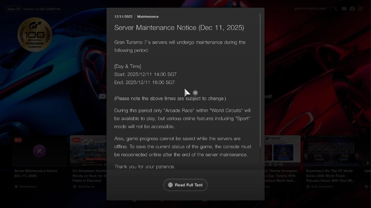 Gran Turismo 7 : Server Maintenance of GT7 Today in Order to Fix the 1.65 Spec 3 Update