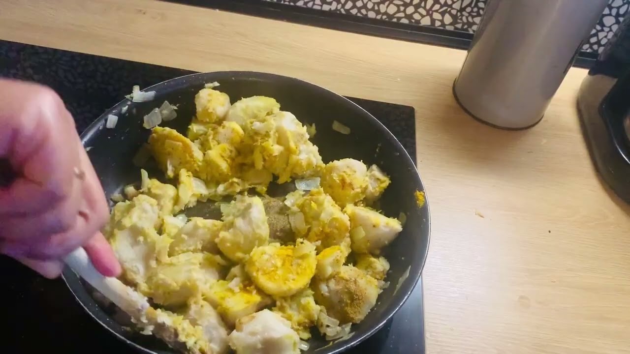 Taro with fish curry Indian style recipe.