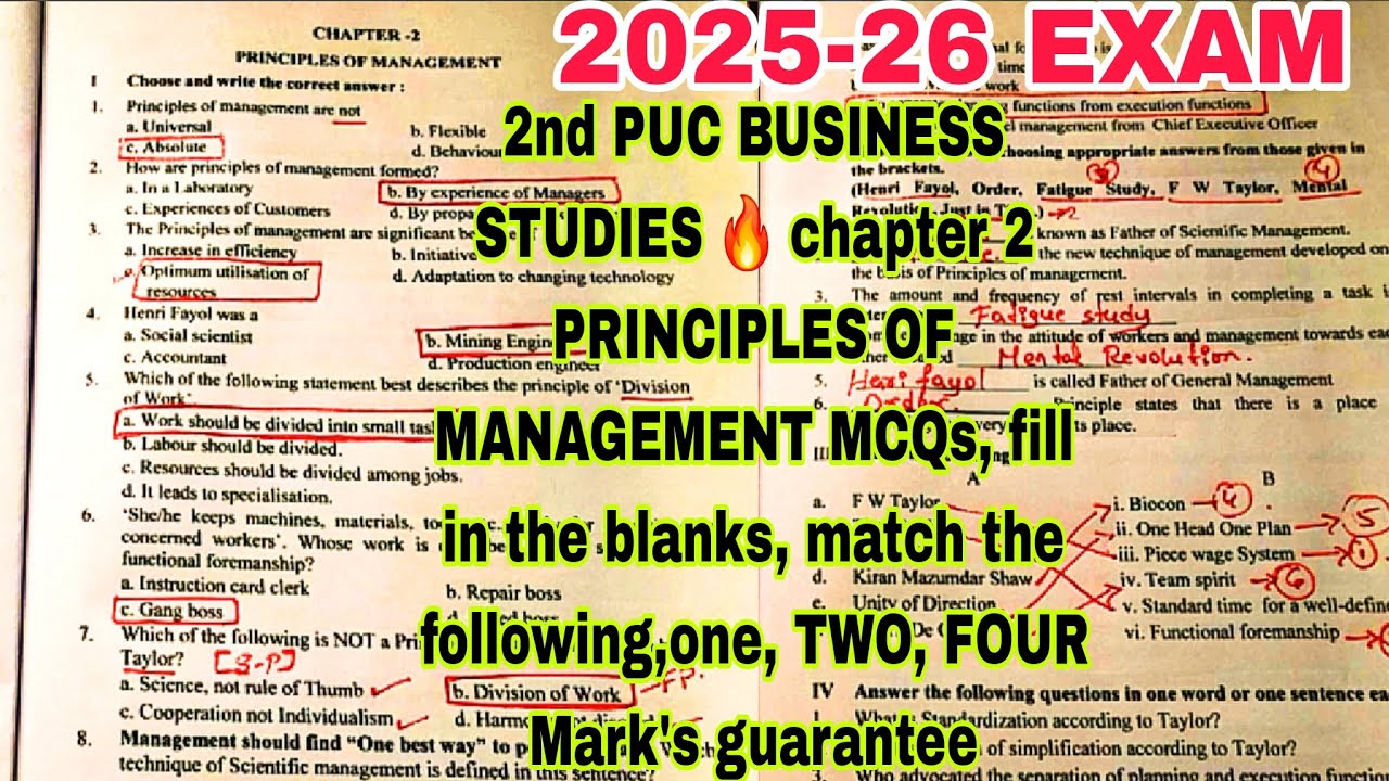 2nd PUC BUSINESS STUDIES 🔥 chapter 2 PRINCIPLES OF MANAGEMENT ALL IMPORTANT QUESTIONS WITH ANSWERS 🔥