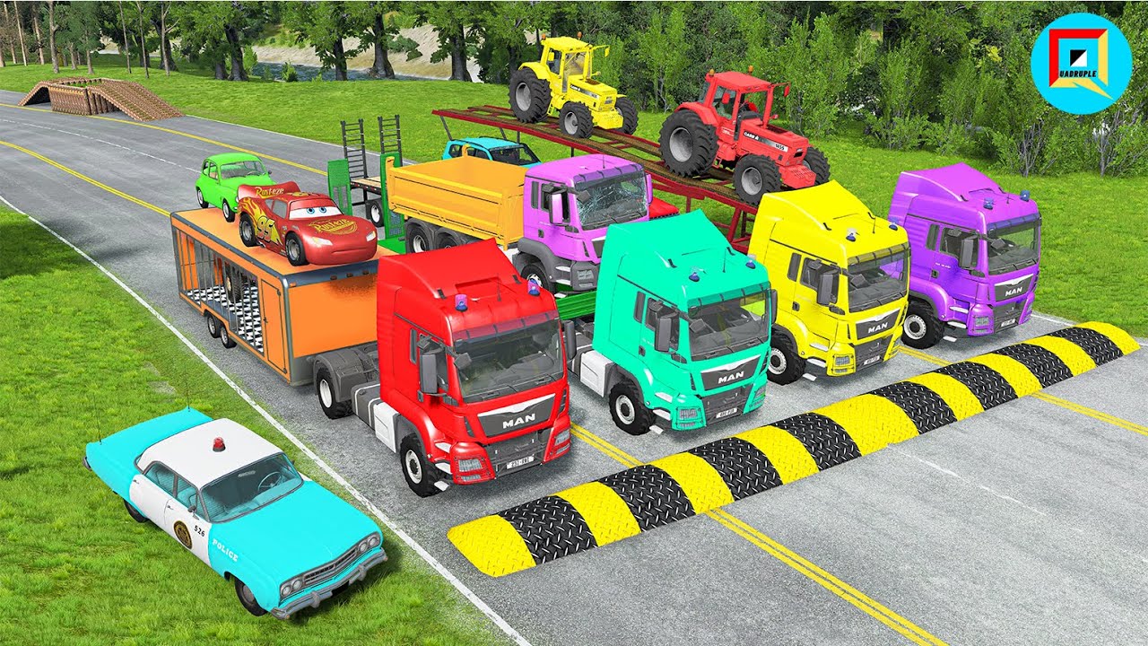 Quadruple Trucks Transporting cars with Flatbed Trailers | Cars vs Speedbump vs Train vs Pothole #08