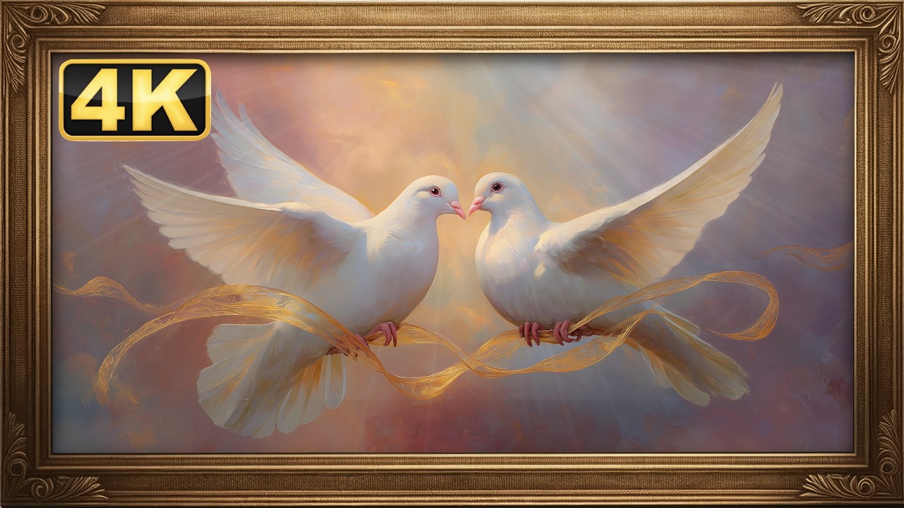 Romantic Dove Pairs Oil Painting | Gold Frame 4K TV Screensaver | 1 Hour
