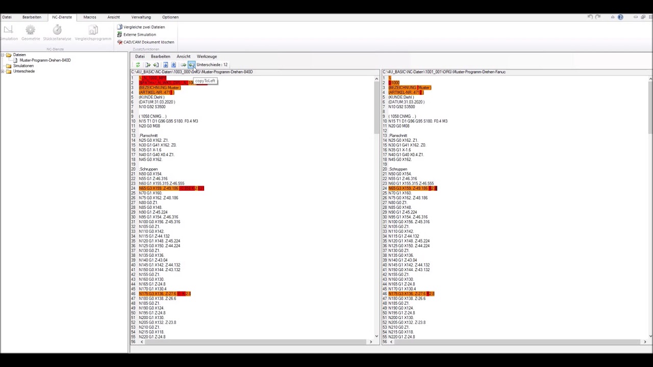 NC Editor Programmer BASIC - Vergleich von zwei NC-Programmdateien - CNC Programmiersystem