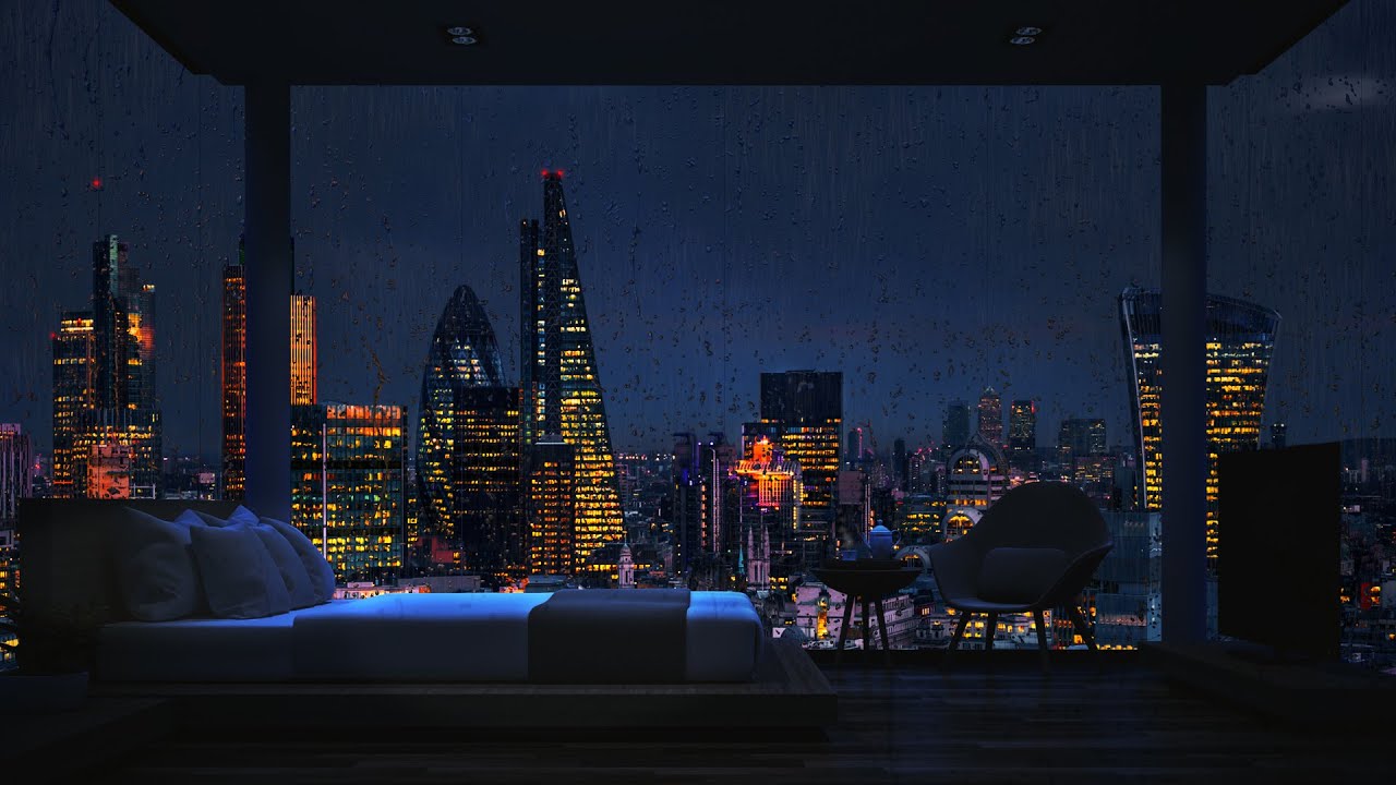 London City Rain Sounds | Luxury Apartment Window View at Night