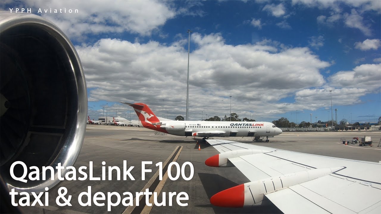 QantasLink Fokker 100 (VH-NHQ) start up and departure on RW21 at Perth Airport (YPPH).