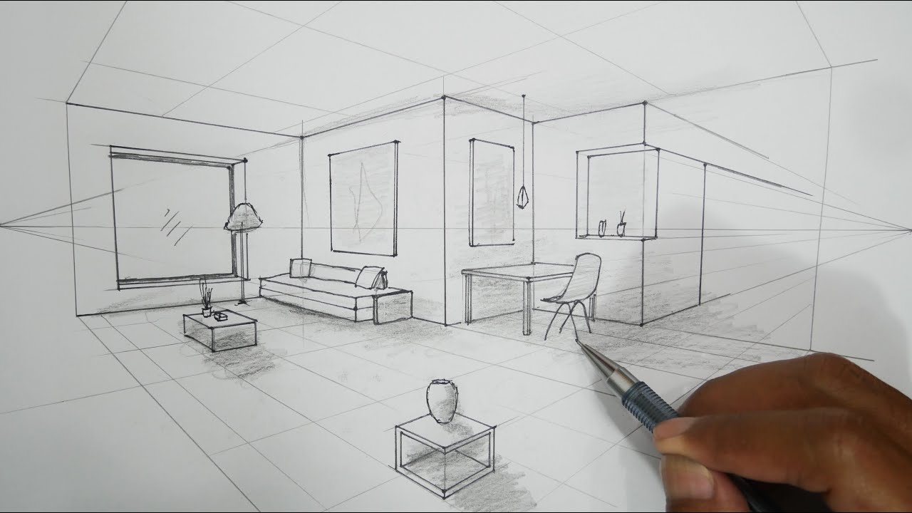 architecture how to draw a living room in 2 point perspective