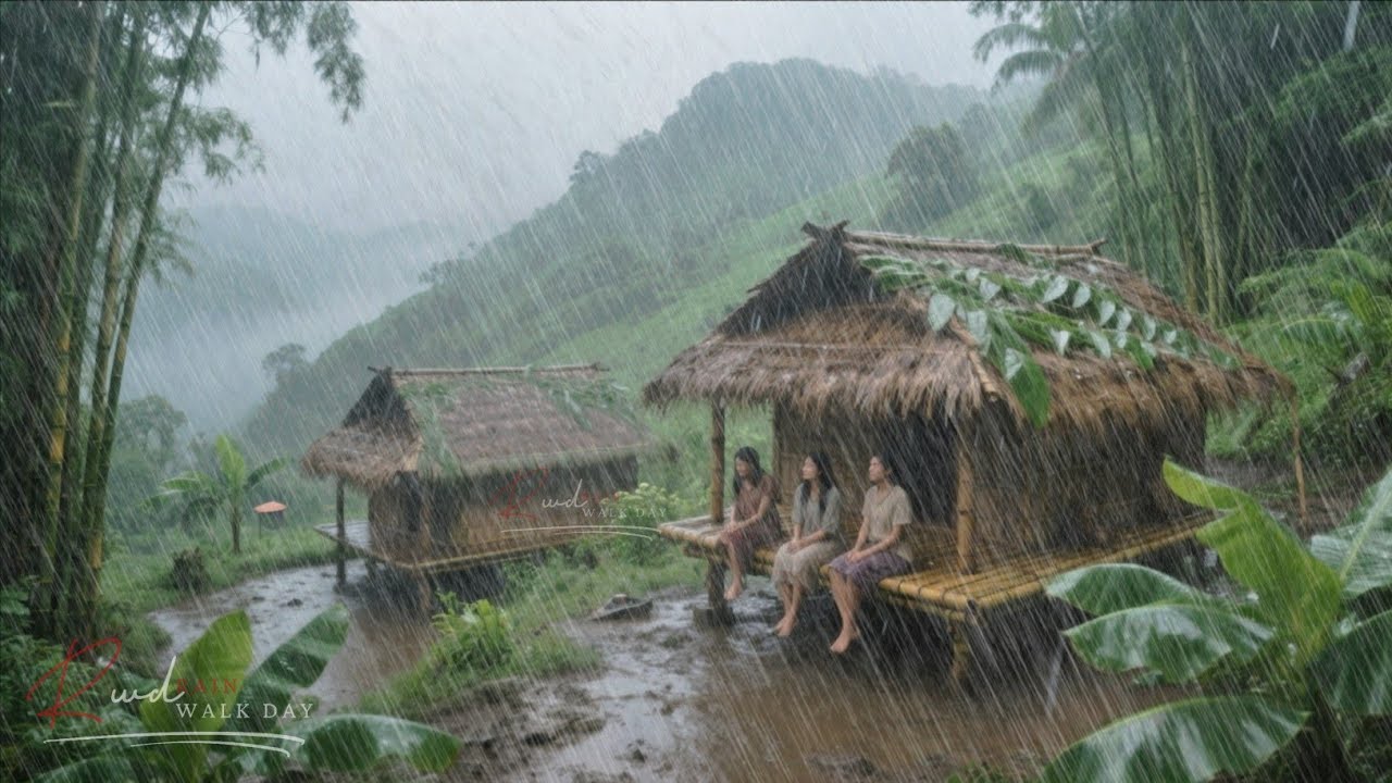 TRADITIONAL MOUNTAIN VILLAGE HIT BY HEAVY RAIN STORM - RAIN WALK FOR SLEEPING