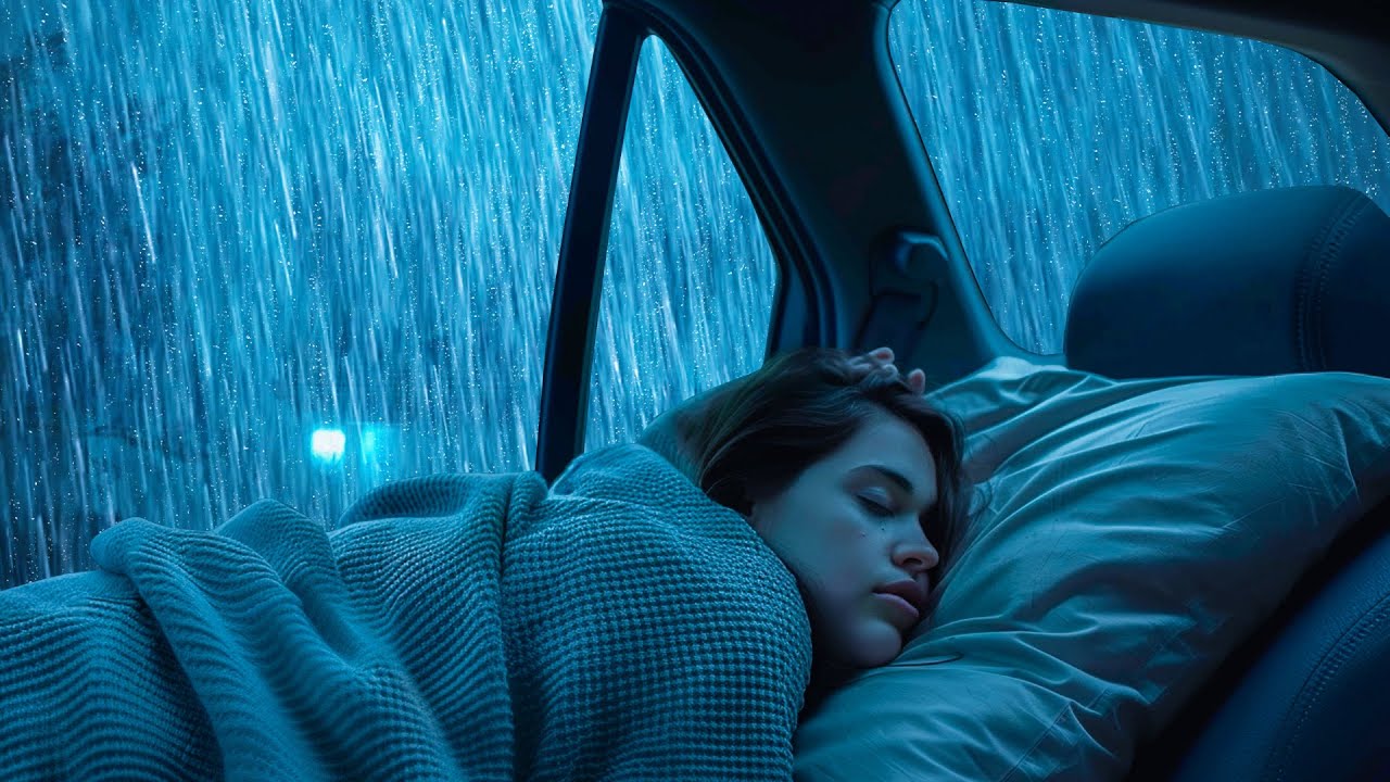 Goodbye Insomnia with Heavy Rain & Thunder Growls on a Cozy Car in Foggy Murky Forest at Night