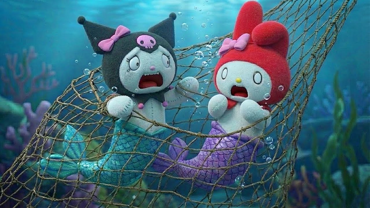 Oh no...!! Mermaid Kuromi and Melody have been caught in the net! 🌸😱🌊