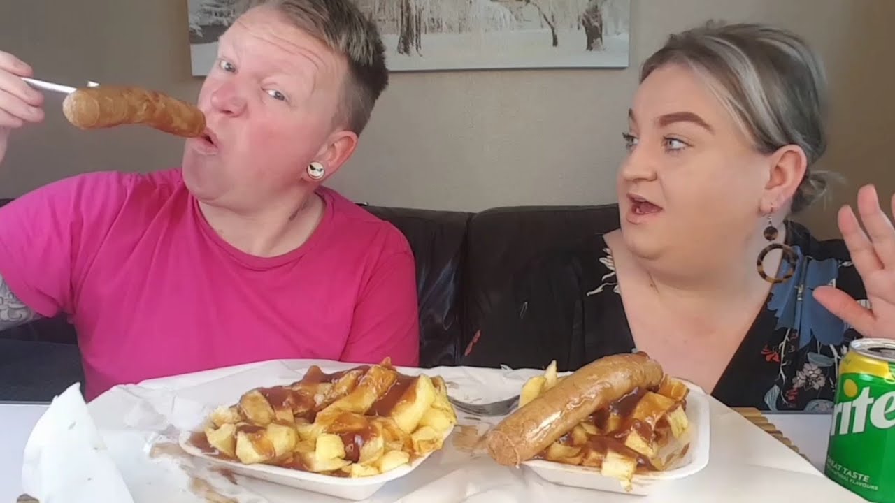 Chip shop special (sausage chips and gravy) UK MUKBANG
