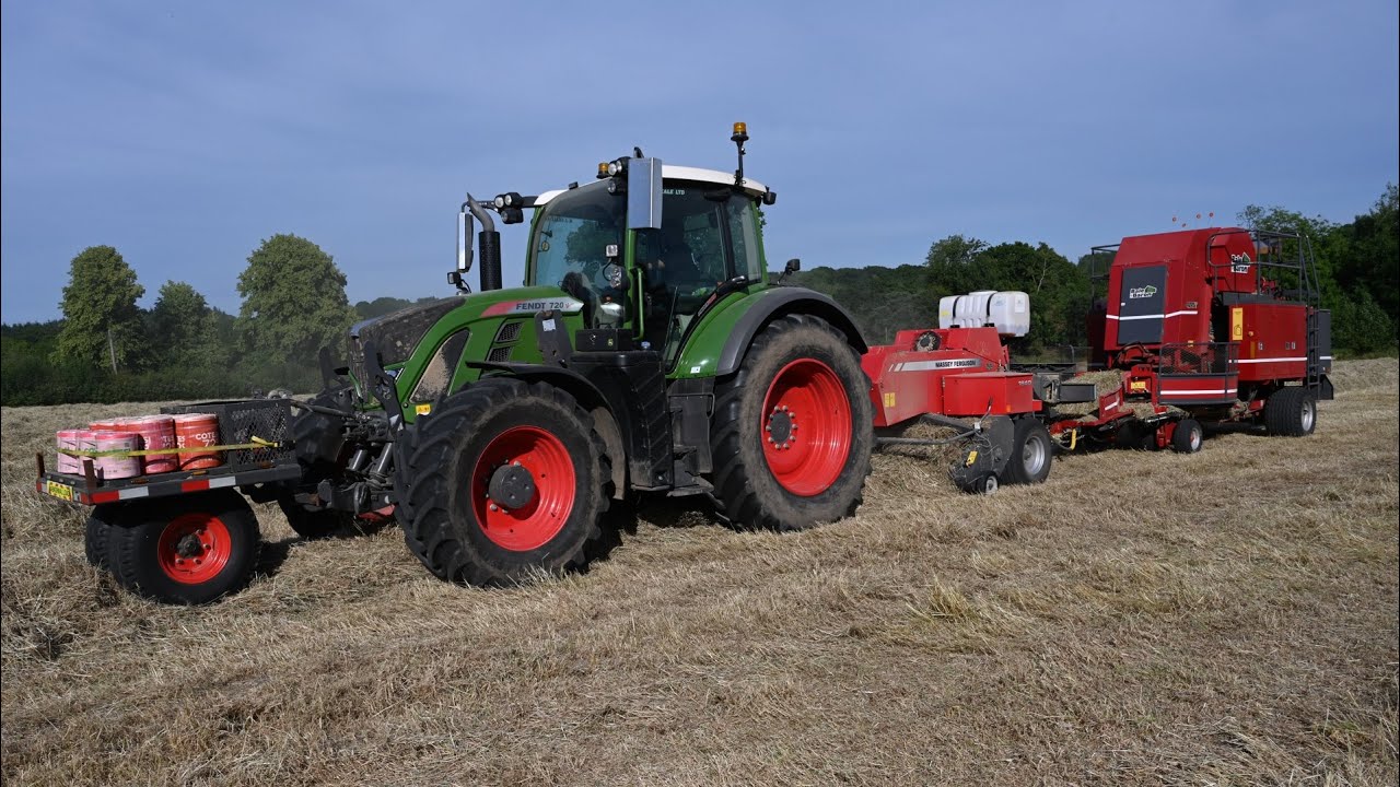 Baling Hay in Small Bales with Fendt 720 plus MF Baler & Bale Baron 4245T